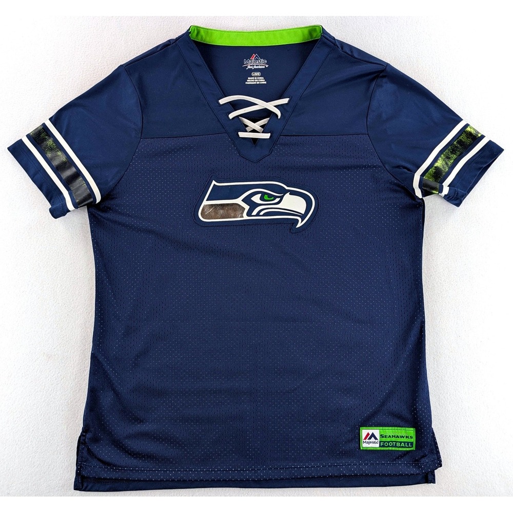 Majestic Seattle Seahawks Jersey Womens Large Navy Blue Lace Up V-Neck
